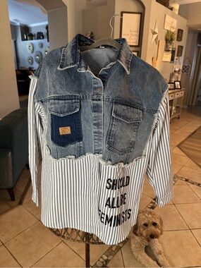 Upcycled Denim Striped Shirt Jacket Oversized Feminist Statement Shacket XL